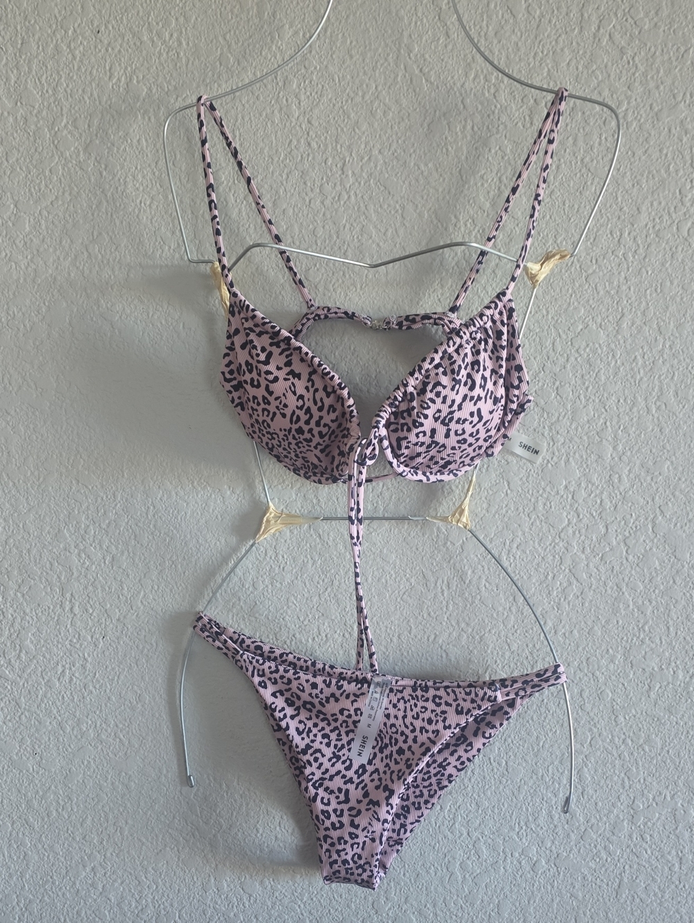 SHEIN Pink Leopard-Print Tie-Front Bikini Set
